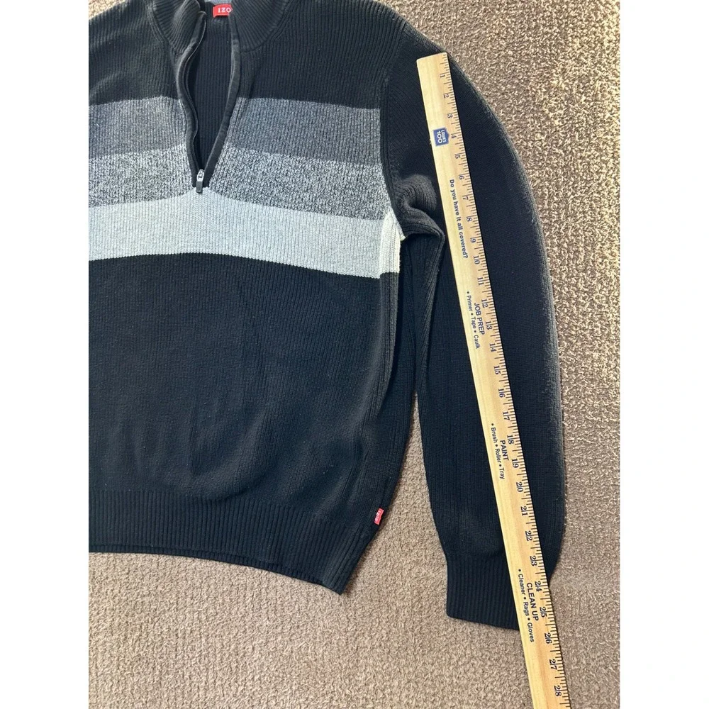IZOD Mens XL Quarter Zip Sweater Black Grey Striped Cotton Ribbed Knit Pullover